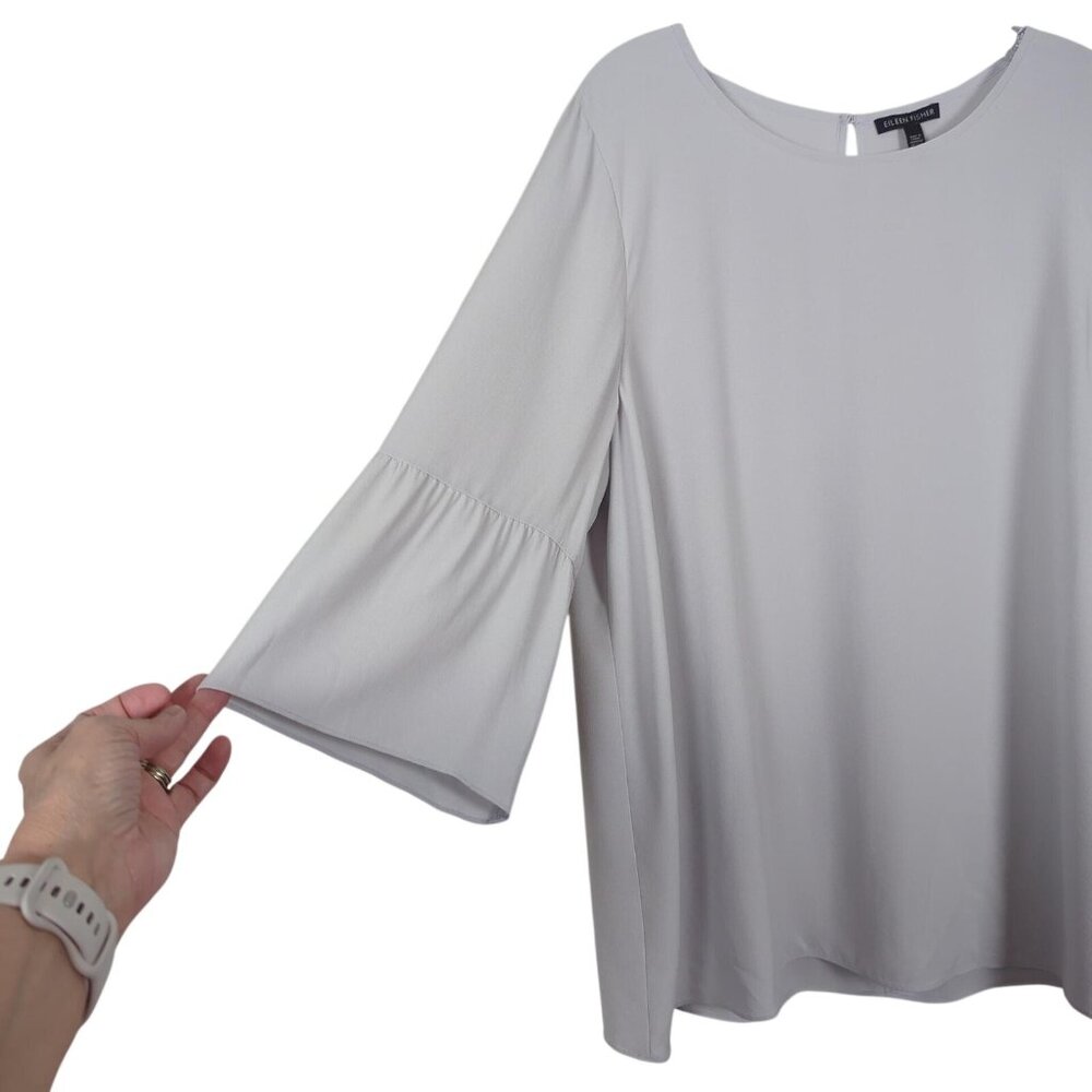 Eileen Fisher Blouse Womens Large Gray Silk Bell Sleeve Round Neck Tunic Top - Picture 3 of 16